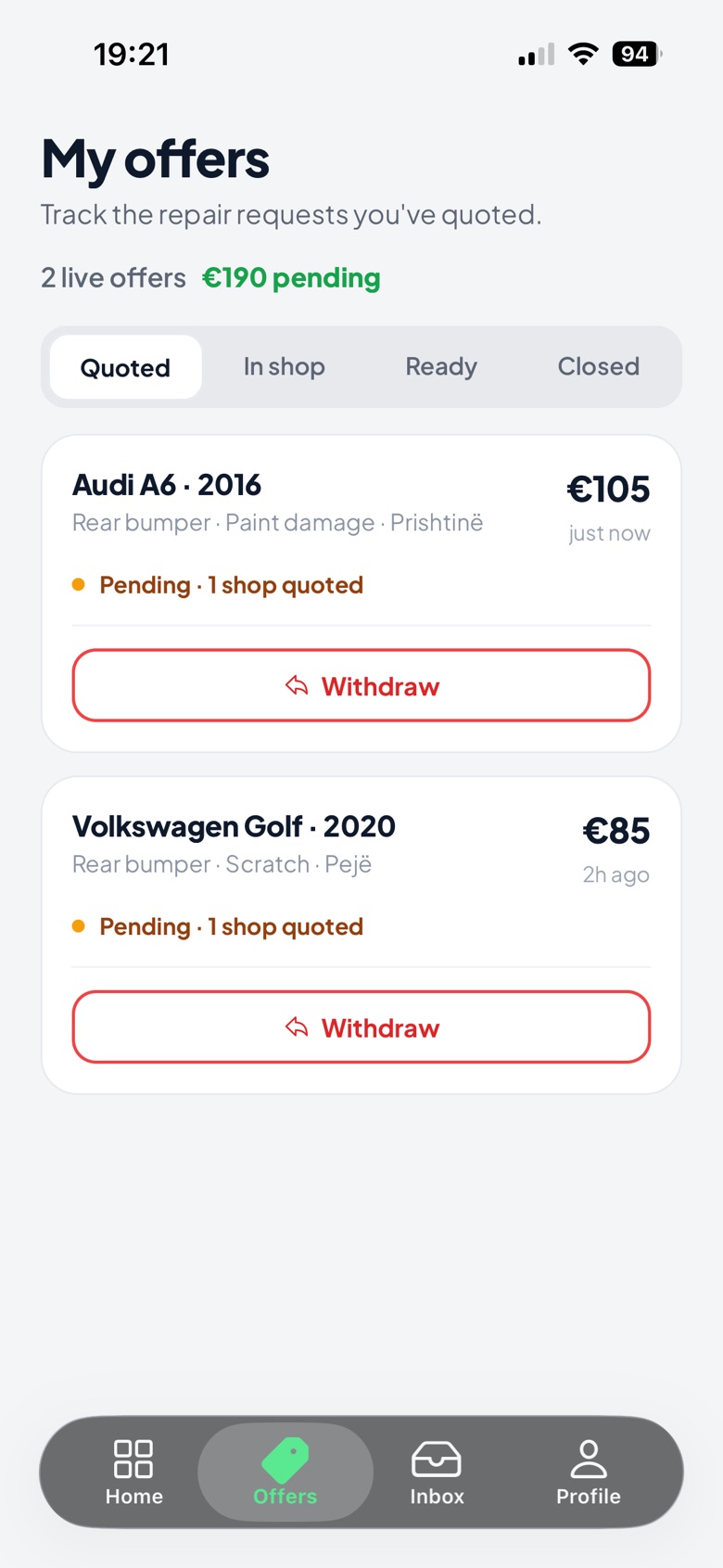 Repair shop offer tracking